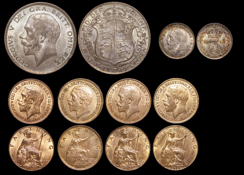 Great Britain, George V (1910-1936), Silver Halfcrown, 1918 (1), Threepence, 1918 (1), Bronze Farthings (4), A Lot Of (6) Coins