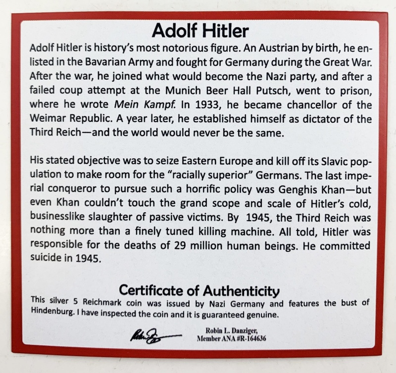 Adolph Hitler: Silver 5 Reichsmark Box (Black Box)