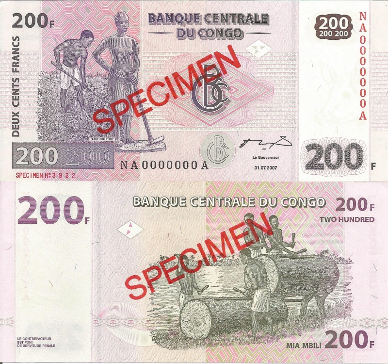 Congo D.R. Pdr99s(U) 200 Francs (Specimen)