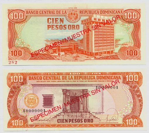 Dominican Rep. P128s(1988)(U) 100 Pesos (Specimen)