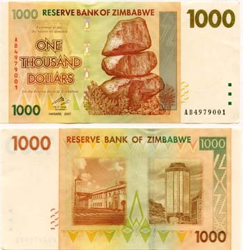 Zimbabwep71(U) 1,000 Dollars