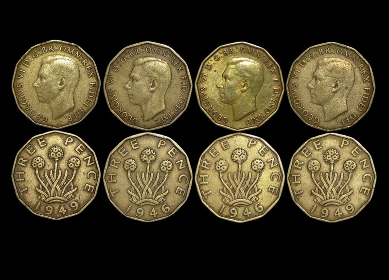 Great Britain, George Vi (1936-1952), Nickel-Brass Threepence, 1946 Rare Date (2) Km# 873, 1949 Rare Date (2), Vf, A Lot Of (4) Coins