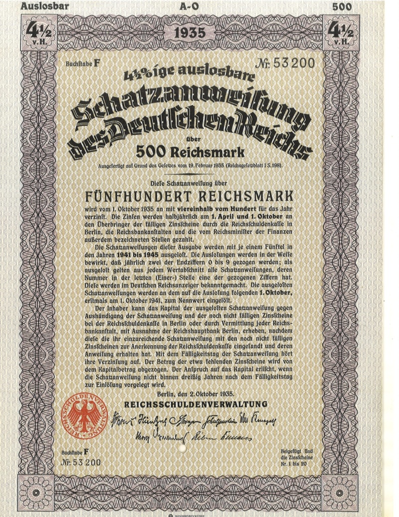 Germany 500 Reichsmark Bond Issue, 1935