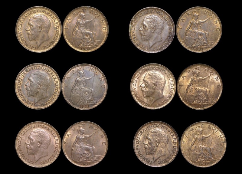 Great Britain, George V (1910-1936), Bronze Farthings (6), Unc With Some Lustre, A Few Spots, A Lot Of (6) Coins