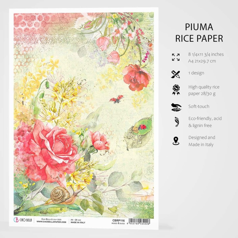 Ciao Bella Rice Paper A4 Roses & Bugs
