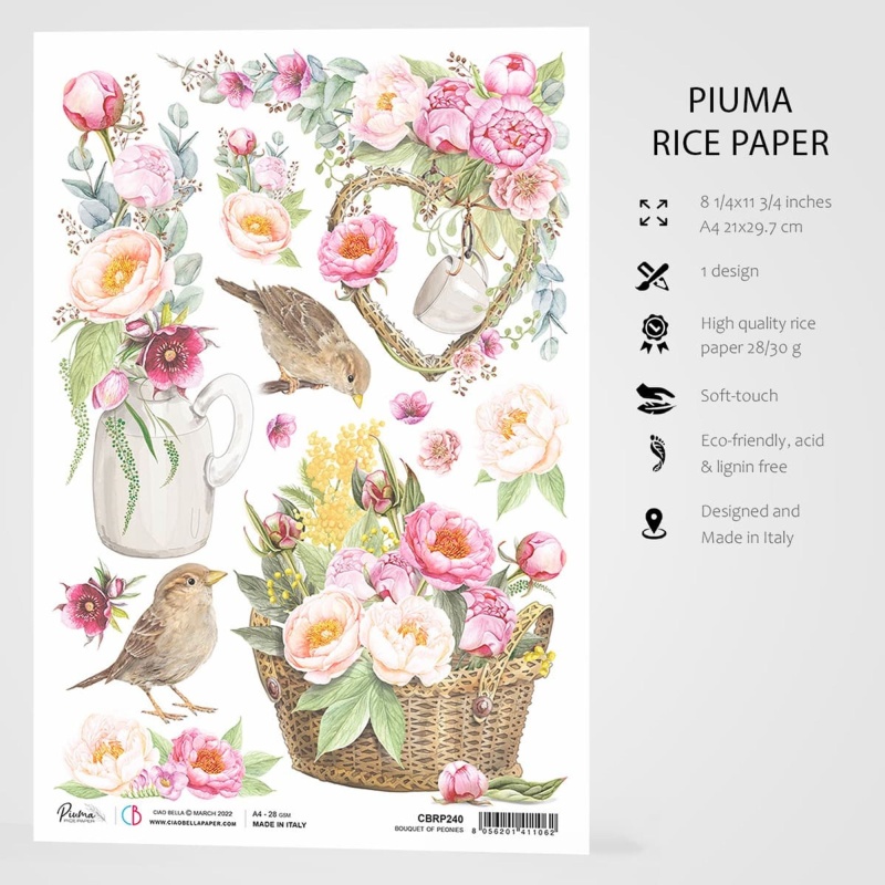 Ciao Bella Rice Paper A4 Bouquet Of Peonies