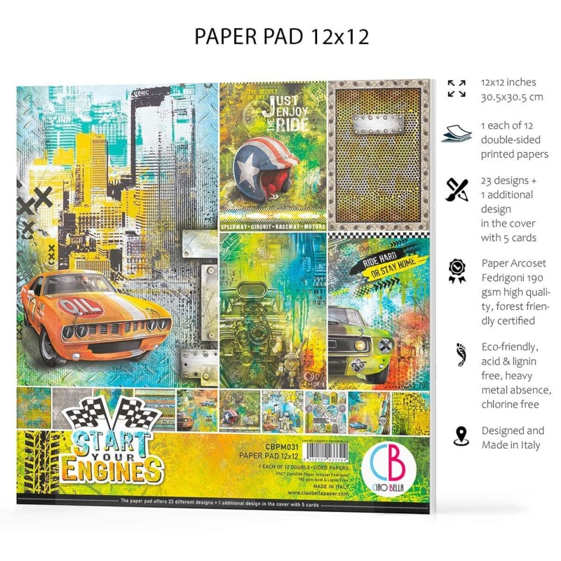 Ciao Bella Start Your Engines Paper Pad 12"X12" 12/Pkg