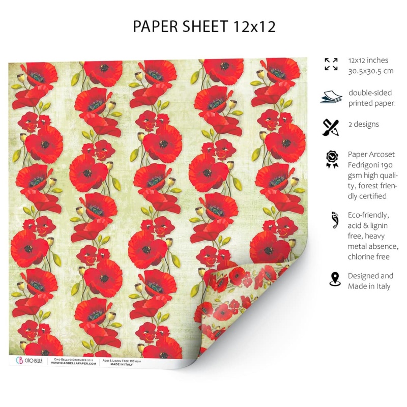 Ciao Bella Poppies Paper Sheet 12"X12" 1 Sheet