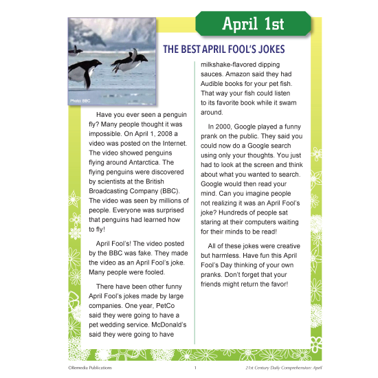 21St Century April Daily Comprehension: High Interest Reading Activities