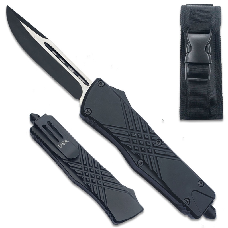 Black Straight Edge Demolisher Otf Knife - Clip Plain Usa