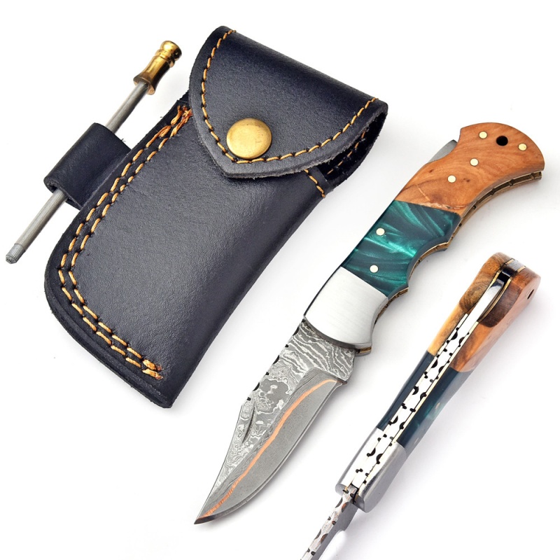 6.5" Damascus Folding Knife W Copper Blade Line, Wood And Green Resin Handle