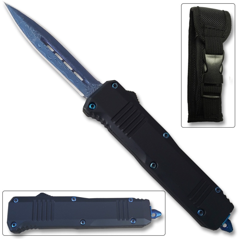 Delta Lightening Blue Otf Out The Front Automatic Double Edge Damascus Pattern Blade