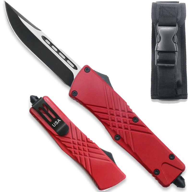 Red Straight Edge Demolisher Otf Knife - Clip Plain Usa