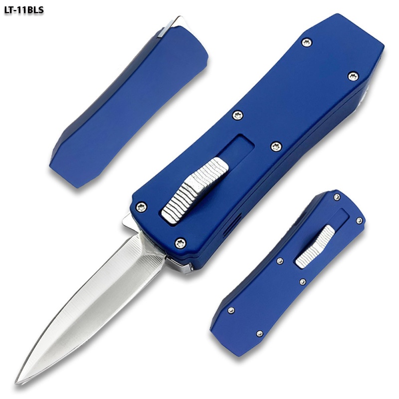 Butane Lighter Otf Knife Double Edged Blue Handle Silver Blade