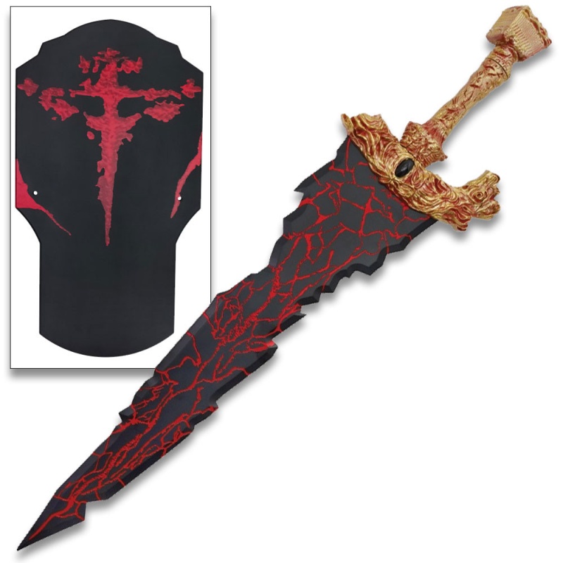 Makileth's Dragon Flame Lava Fantasy Sword With Dragon Hilt – Black & Red Molten Blade Display Sword With Wall Plaque