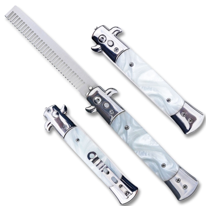Auto Push Button Comb Switchblade Locking Knife White Pearl Handle
