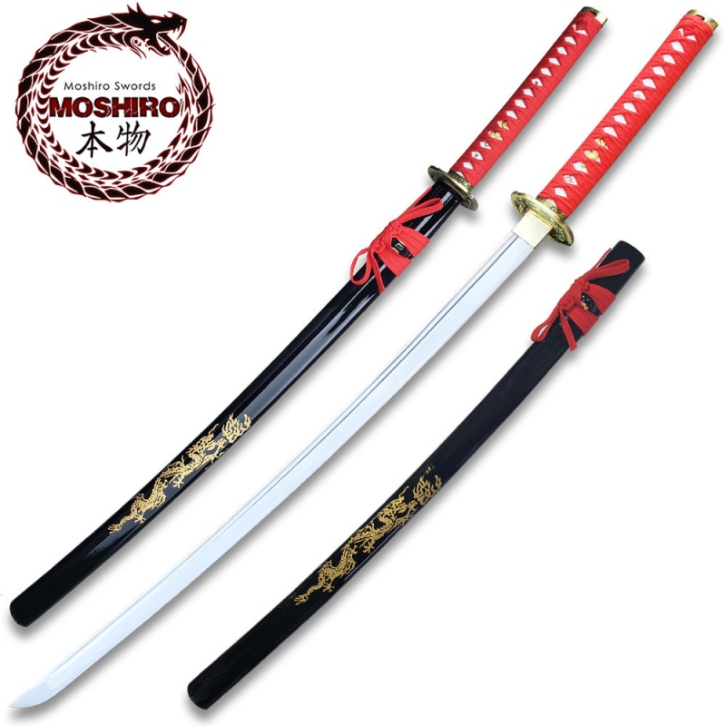 Moshiro 1045 Steel Handmade Katana With Dragon Engraved On Black Scabbard