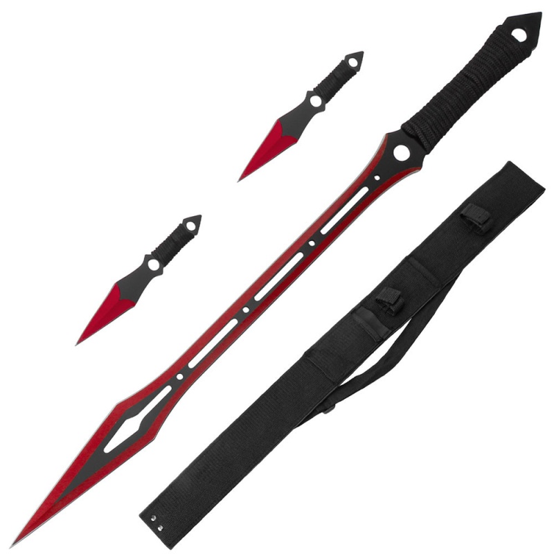 Red Ninja Warrior Sword 27" Overall 2 Pcs Throwing Knife Set