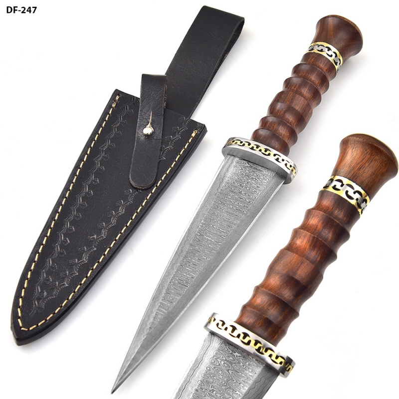Round Handle Dark Wood Damascus Double-Edge Dagger