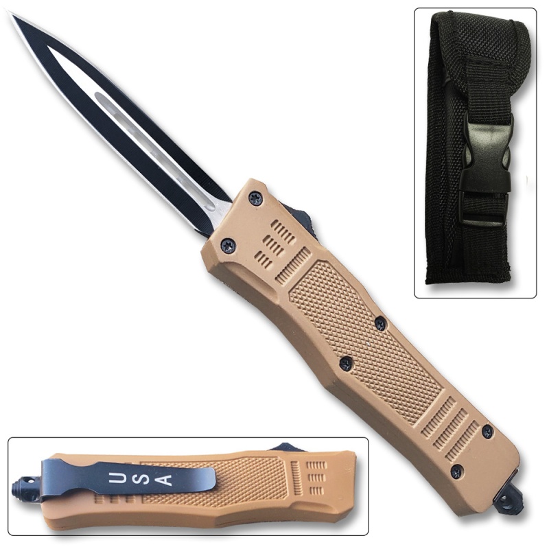 Brown Legacy Otf Knife Spear Point, Double Edged Blade