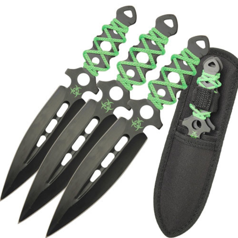 Airborne Biohazard Zombie Throwing Knife Set Black W Hivis Green Trim