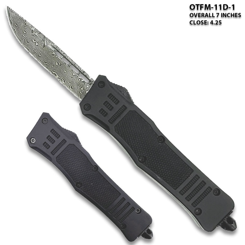 Black Legacy Edge Otf Knife Drop Point, Edged Damascus Pattern Blade