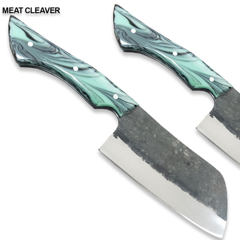 White Deer 1095 Forged Steel Black & Green Resin Handle Classic Butcher's Japanese Cleaver
