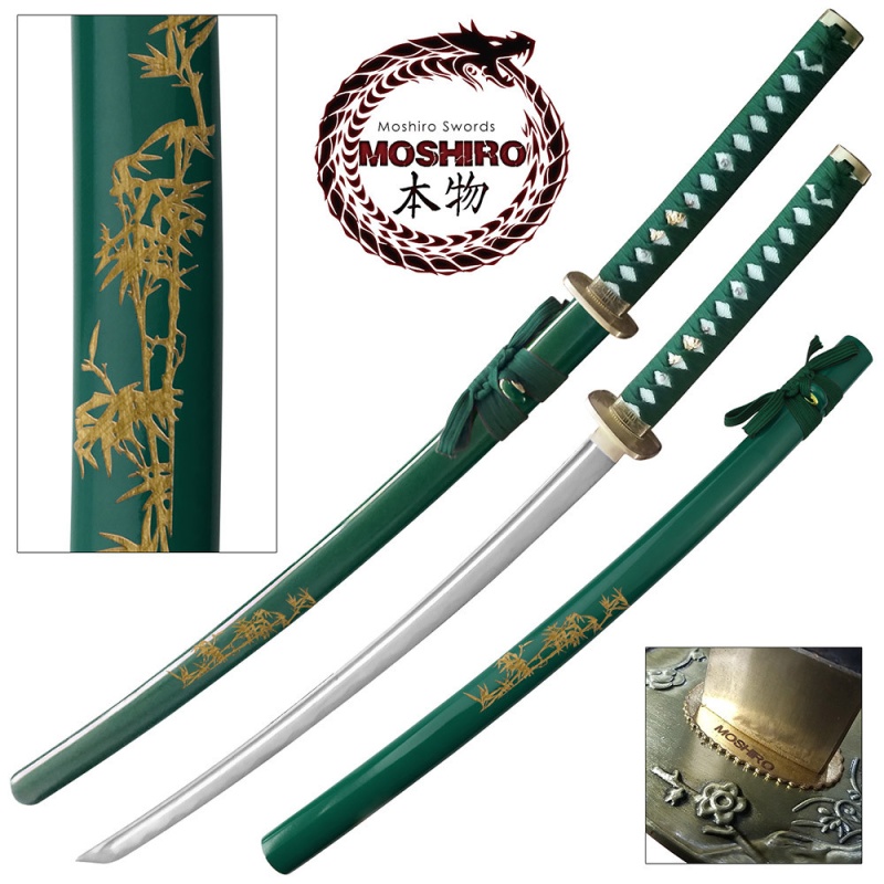Moshiro 1045 Steel Handmade Katana With Bamboo Engraved On Green Scabbard