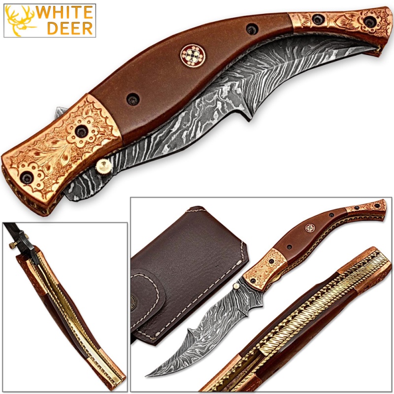 Executive Series Magnum Comblock Damascus Folding Knife Bakelite Solid Copper Engraved Bolstered