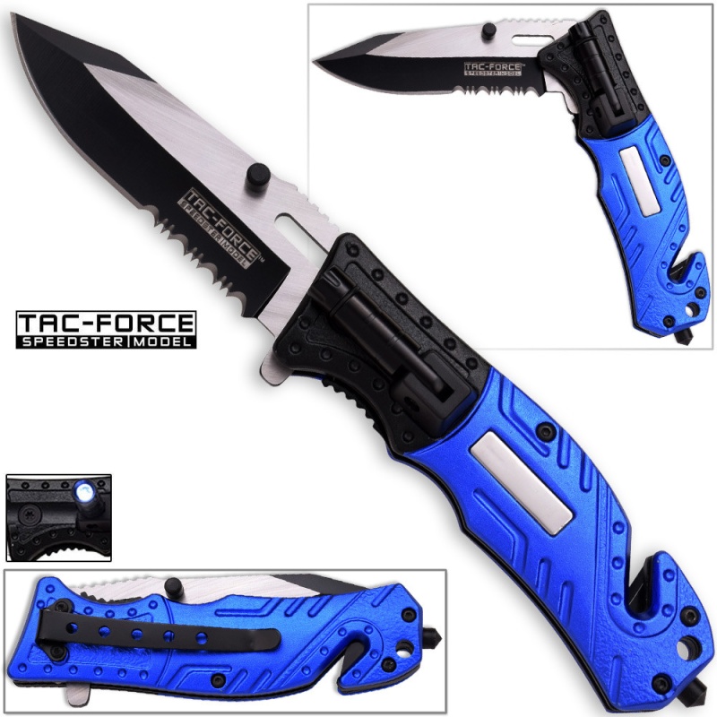 8In Tac Force Police Rescue Flashlight Pocket Knife Spring Assisted Folding Blue