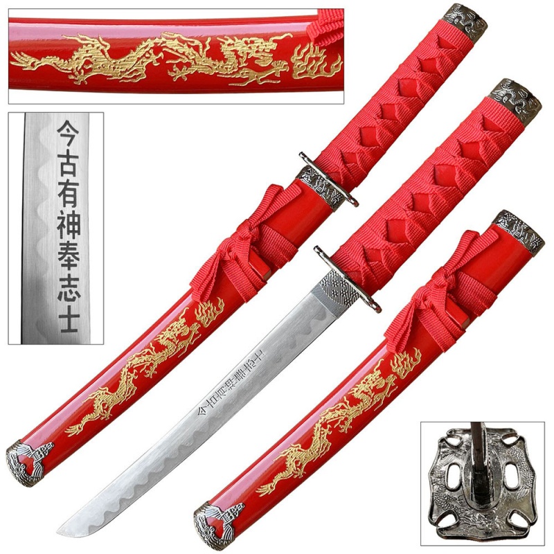 Edge Tanto 21" Sword W/ Gold Dragon Engraved Red Scabbard