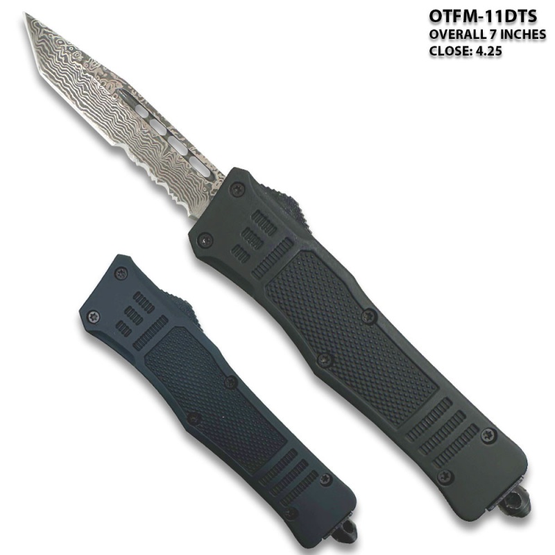 Black OTF Tanto Knife with Half-Serrated Damascus-Pattern Blade