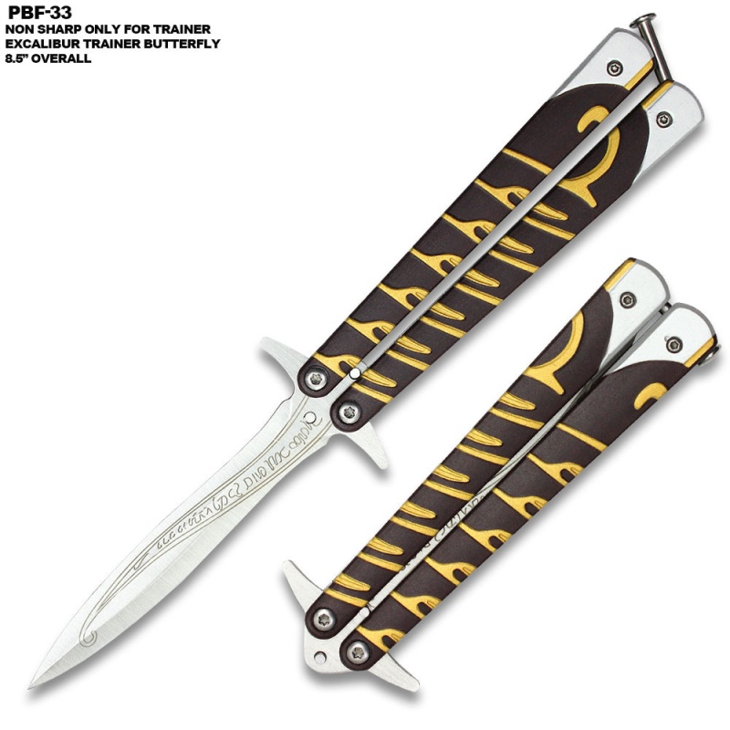 Non-Sharp Butterfly Gold Brown Handle And Silver Spear Blade