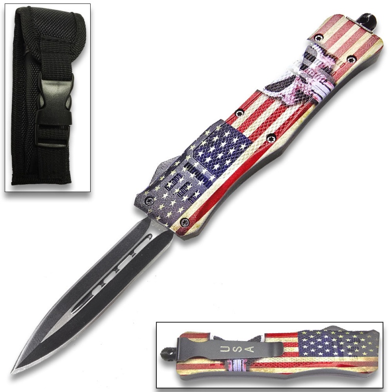 Punisher Swift Otf Knife Double Edge Blade American Flag Overall 8 Inches