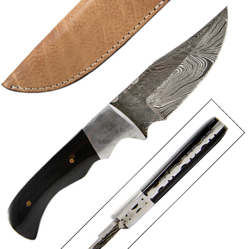 Custom-Made Damascus Hunting Knife with Full Tang Buffalo Horn Handle