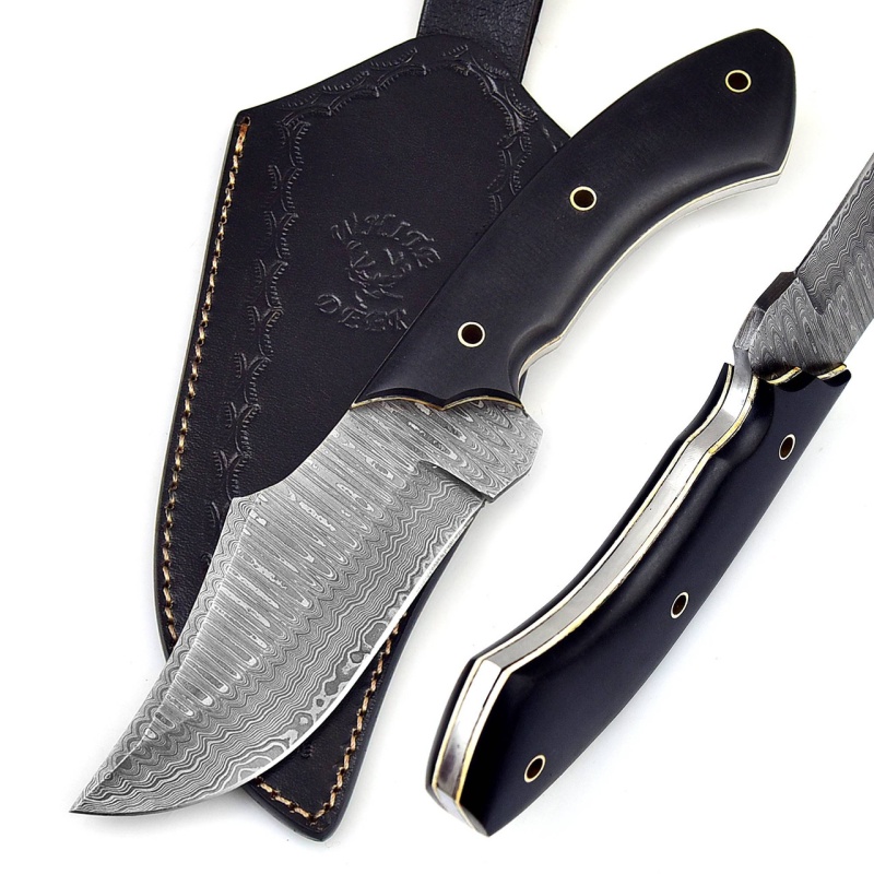 White Deer Damascus Steel Knife Bison Hunter Micarta Black Handle