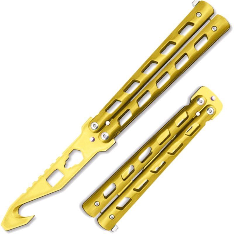 Gold Balisong Gut Hook Multi Functional Tool Bottle Opener Butterfly Belt Cutter