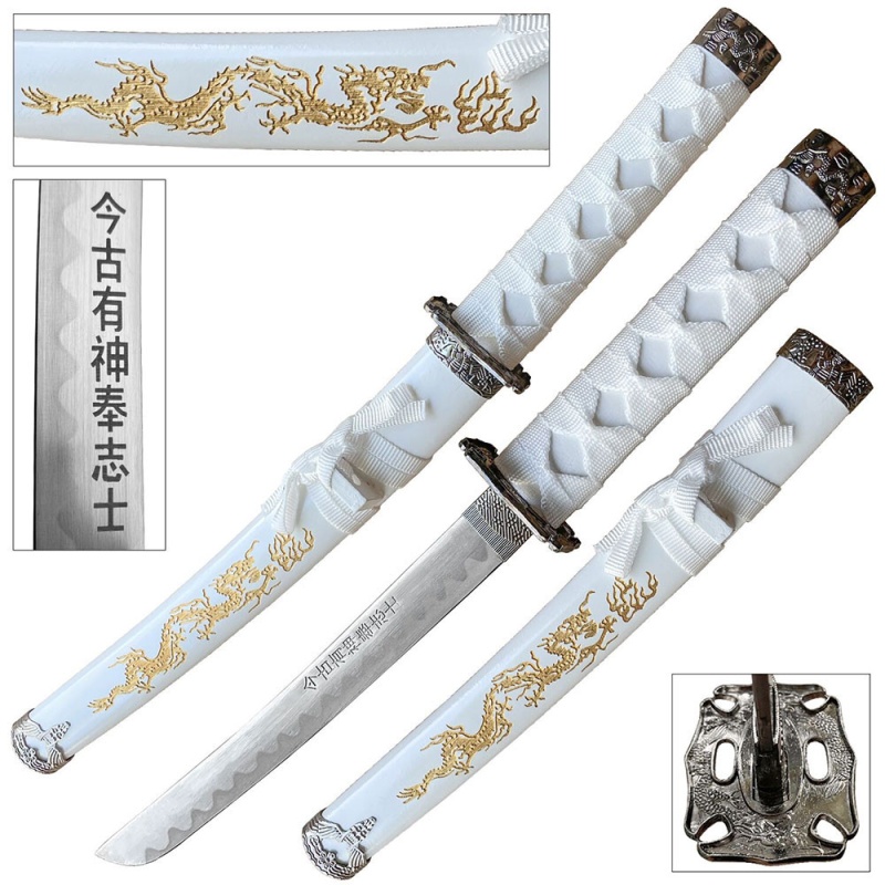 Edge Tanto 21" Sword W/ Gold Dragon Engraved White Scabbard