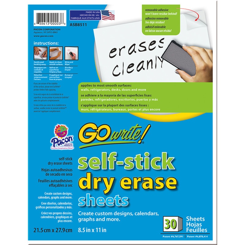 Dry Erase Sheets White 30 Sheets Self-Adhesive 8-1/2 X 11