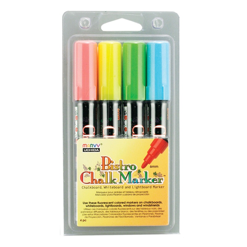 Bistro Chalk Markers Brd Tip 4 Clr Set Fluorescent Red Blu Grn Ylw
