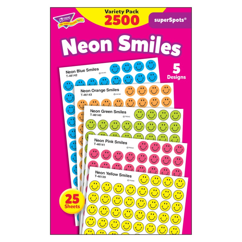 Superspots Stickers Neon 2500/Pk Smiles