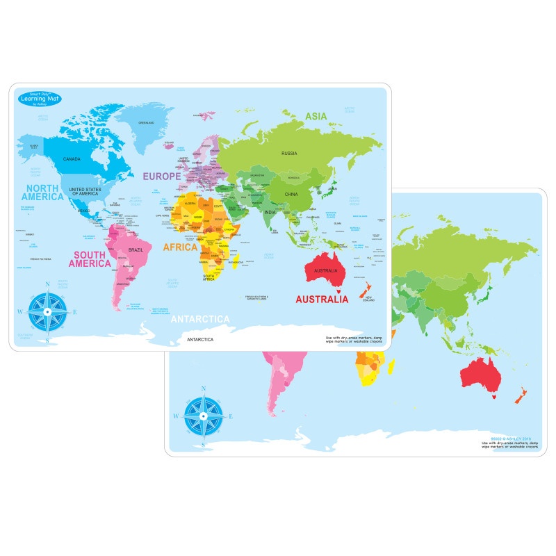 World Map Learning Mat Double Sided Write On Wipe Off