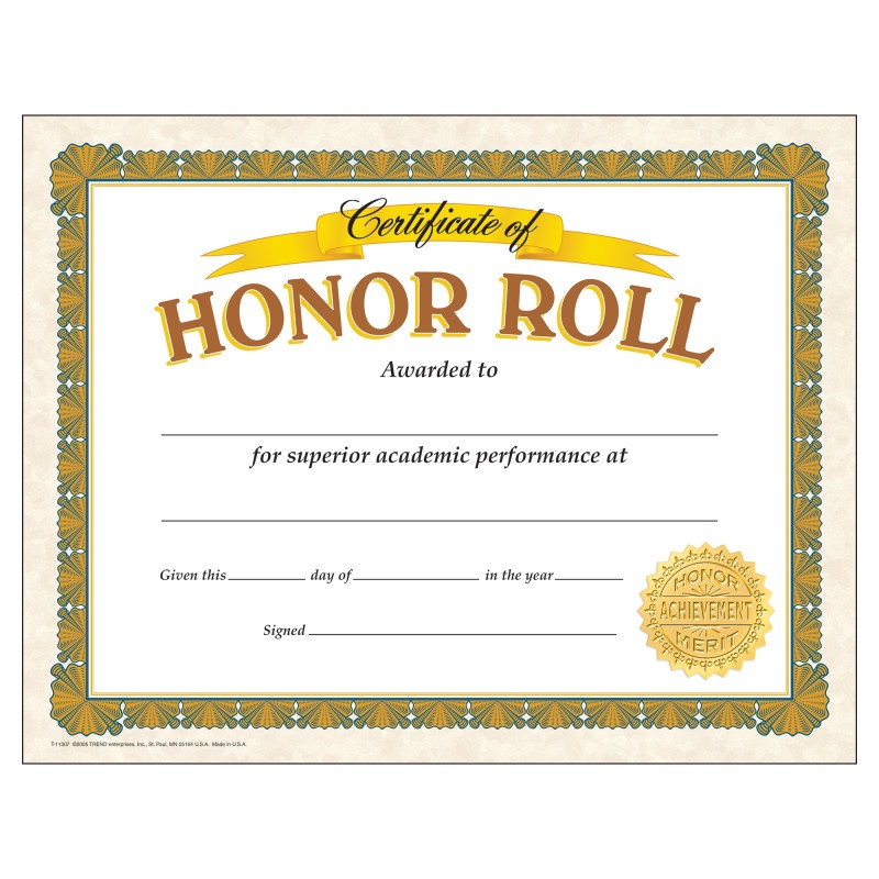 Certificate Of Honor Roll 30/Pk