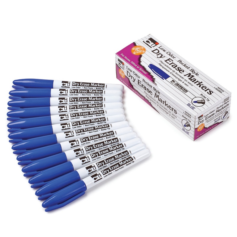 12Ct Blue Bullet Tip Dry Erase Markers Pocket Style