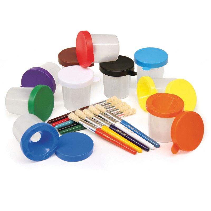 Paint Cups & Brushes Set 10 Cups W/ 10 Color Coordinated Brushes