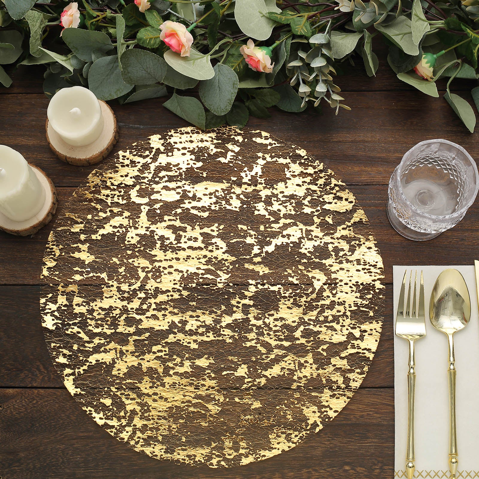 10 Pack | 13 Metallic Gold Foil Mesh Table Placemats, Disposable Round Shiny Dining Mats | by Tableclothsfactory