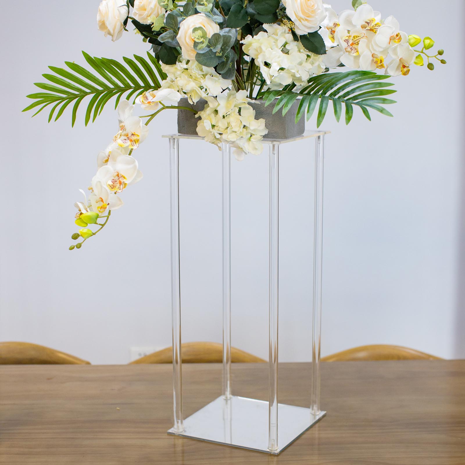 24" Clear Flower Vase Pillar Column Stand With Square Mirror Base, Wedding Table Centerpiece