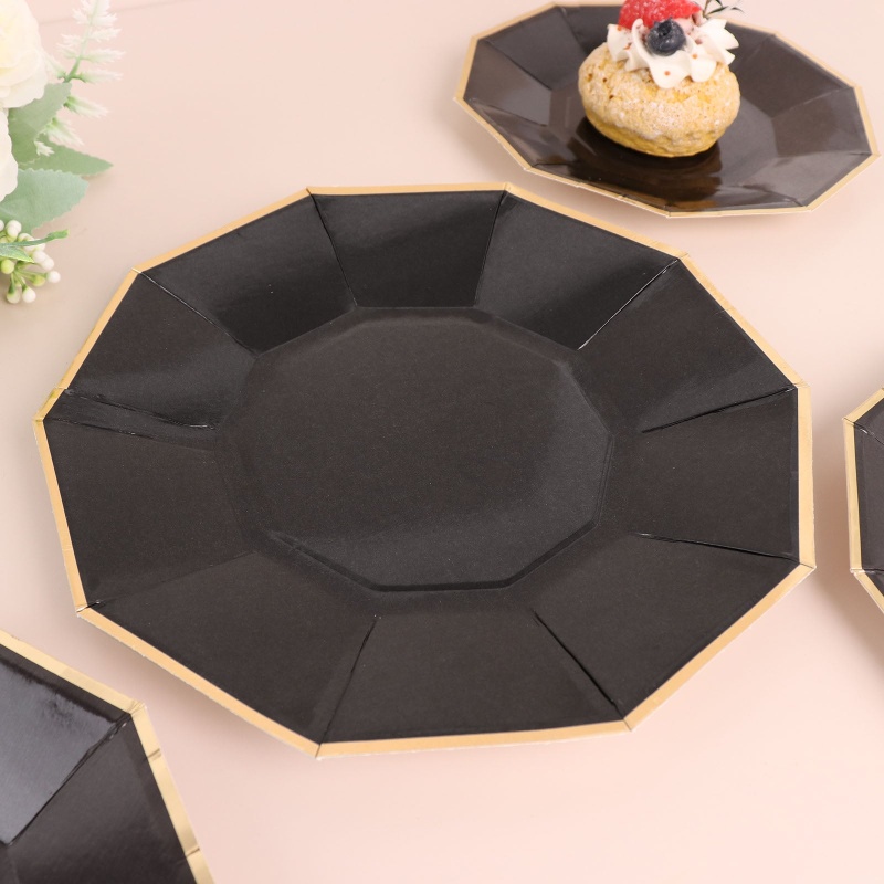 25 Pack, Black 9 Geometric Dinner Paper Plates, Disposable Plates Decagon  Shaped With Gold Foil Rim in 2023