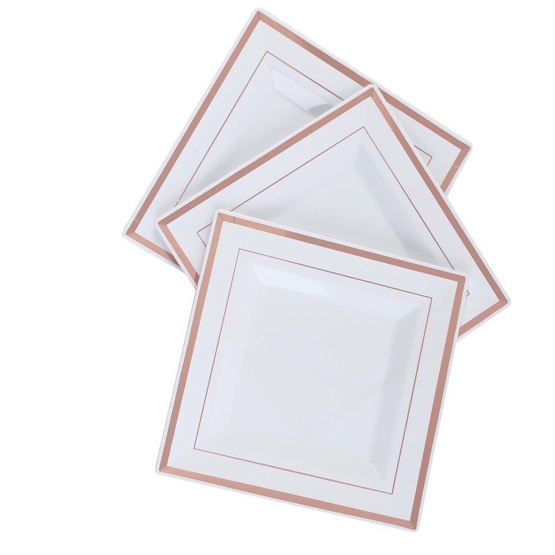 10 Pack Rose Gold Trim White Plastic Square Dessert Plates