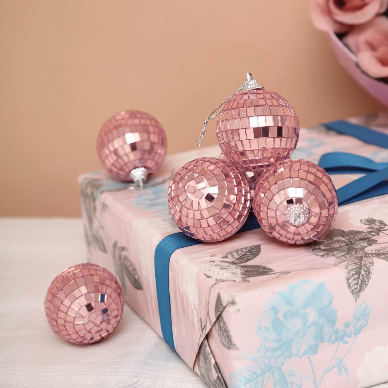 6 Pack Rose Gold Foam Disco Mirror Ball With Hanging Strings